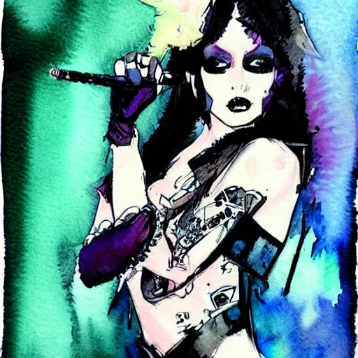 Prompt: Beautiful detailed watercolor medium shot of a cute goth punk girl by Bill Sienkiewicz, trending on pinterest