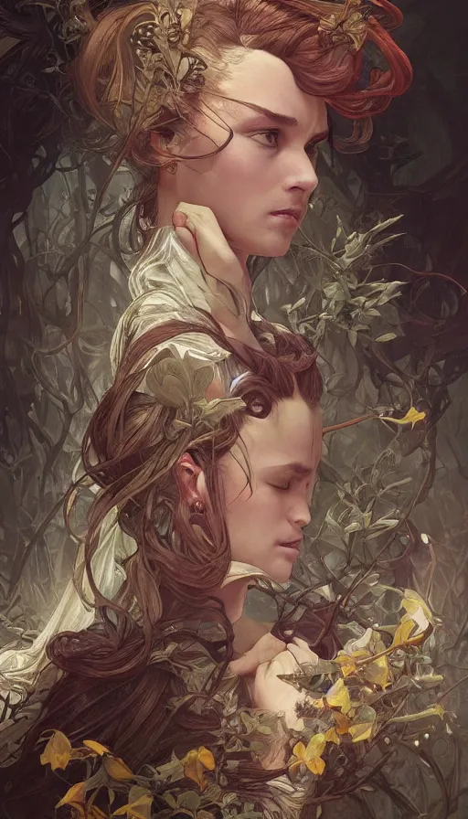 Image similar to twisted fairytale, fibonacci, sweat drops, insane, intricate, highly detailed, digital painting, artstation, concept art, smooth, sharp focus, illustration, Unreal Engine 5, 8K, art by artgerm and greg rutkowski and alphonse mucha