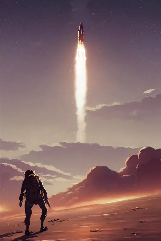 Image similar to poster artwork. distant rocket taking off. on the horizon. during golden hour. symmetry. washed out. desaturated. art by wlop, mars ravelo and greg rutkowski.