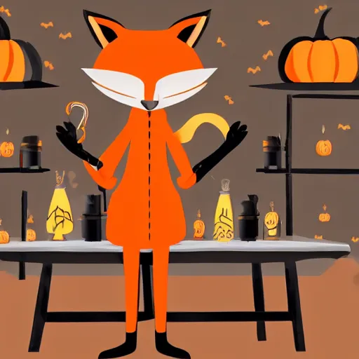 Image similar to An stern posing anthropomorphic fox wearing Halloween-themed black and orange lab coat, casting a spell in a dimly lit laboratory, digital art