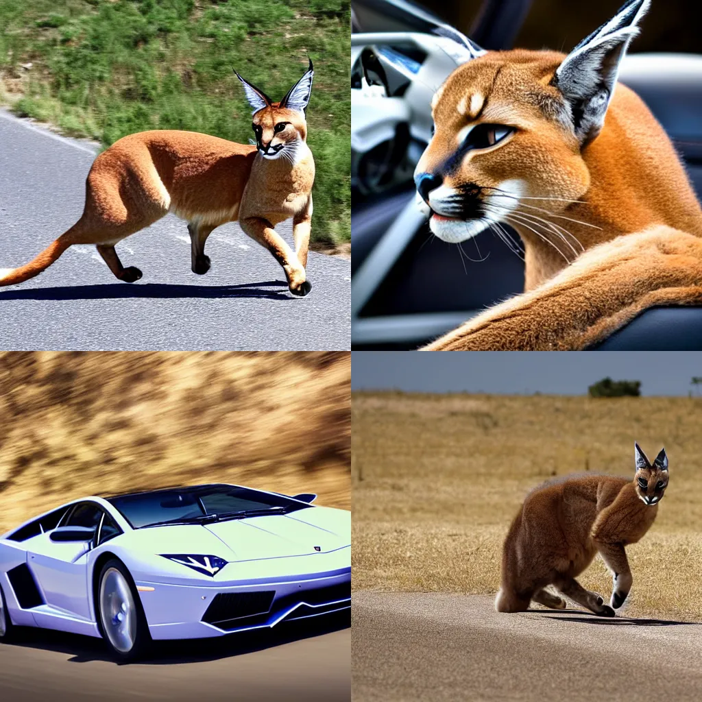 Prompt: caracal riding inside a lamborghini, wearing shades, HD