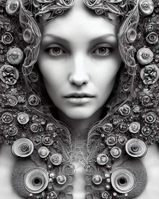 Image similar to mythical dreamy black and white organic bio-mechanical spinal ribbed profile face portrait detail of translucent steampunk beautiful female angelic-human-queen-vegetal-cyborg, highly detailed, intricate crystal ivy jelly ornate, poetic, translucent roses ornate, 3D render, digital art, octane render, 8K artistic photography, photo-realistic, by Dora Maar