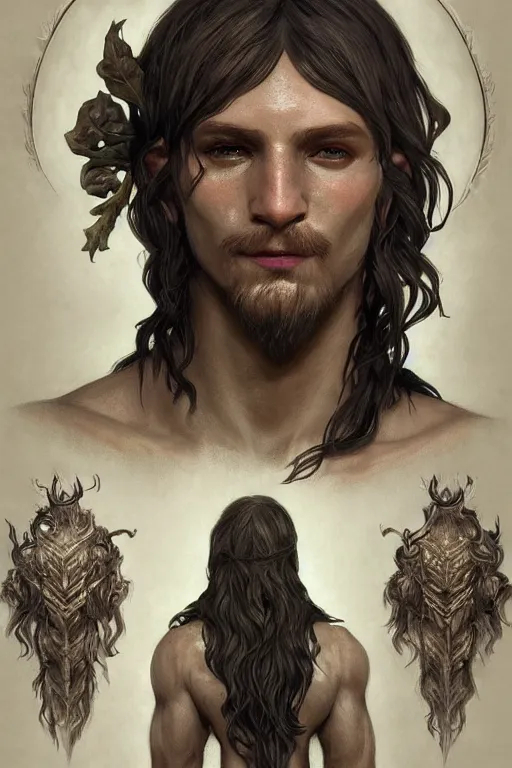 Prompt: close up painting of a young man satyr wizard druid character design from the elder scrolls v : skyrim, decorated, intricate, elegant, highly detailed, digital painting, artstation, concept art, smooth, sharp focus, illustration, art by artgerm and greg rutkowski and alphonse mucha, 8 k