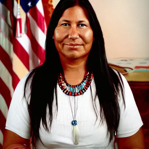 Image similar to official portrait of the united states president, 2024. she is a 38 year old native american woman. photograph