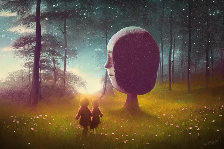 Image similar to giant daisy flowers head, girl walking in forest, surreal photography, dark night, stars, moon light, impressionist painting, clouds, digital painting, artstation, simon stalenhag