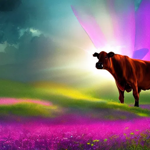 Image similar to a fantasy artwork of a cow in a field of glowing flowers, godlen light shines on the cow