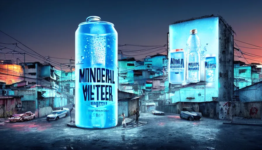 Image similar to Huge Advertising Sign for Mineral Water in a Dystopian Futuristic Favela, Cinematic Lighting, Ultra Quality, Raytracing, Smooth Gradients, Anamorphic Lens, Highly Detailed, Hyperrealistic, Concept Art, Hyperreal