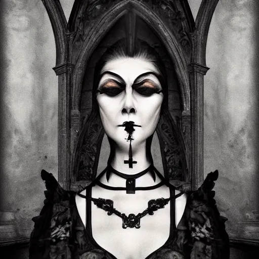 Image similar to stunning Gothic shameless woman whis impudent facial expression, shadow of catholic church cross, elegant, dark and mysterious, atmospheric, ominous, eerie, cinematic, Epic, 8k, 4k, ultra detail, ultra realistic, rendered by awesomeness illustration