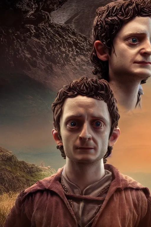 Prompt: tribute sculpture of elijah wood as frodo, cybertronian, long shot, cinematography by wes anderson, 4 k octane render, intricate detail, photorealistic, cinematic lighting, artstation