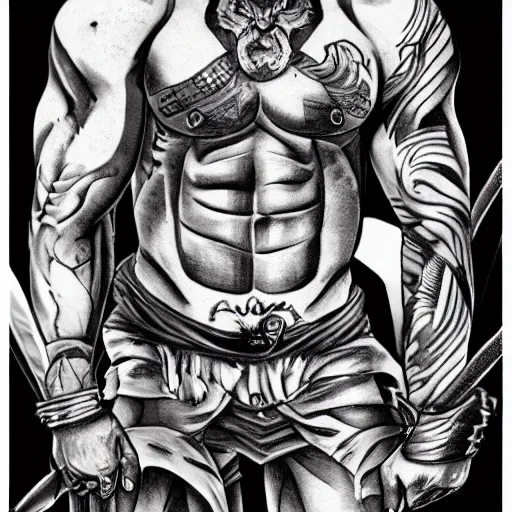 Image similar to muscular bald man, tattooed body, sword in hands, HD, anime style,