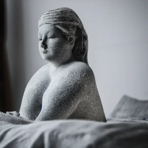 Prompt: a lady made out of stone and metal sits on a bed, full body, 5 0 mm lens, f 1. 4, sharp focus, ethereal, emotionally evoking, head in focus, volumetric lighting, 8 k