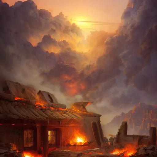 Prompt: digital art of fire and hail destroy a 4000BC middle eastern town by andreas rocha and john howe, and Martin Johnson Heade, featured on artstation, featured on behance, golden ratio, f32, well composed, cohesive