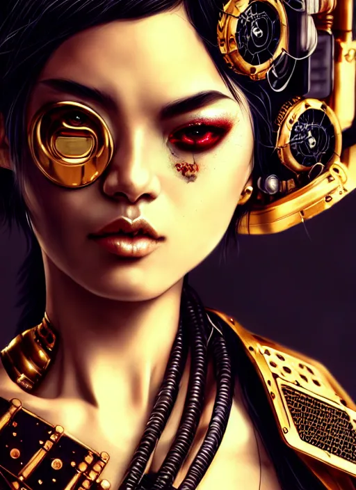 Image similar to soft lustrous ebony geisha seductive raver gutter punk steampunk cyborg, yakuza, golden ratio, details, scifi, fantasy, cyberpunk city, intricate, decadent, highly detailed, octane render, digital painting, artstation, concept art, sharp focus, illustration, art by artgerm, loish, wlop