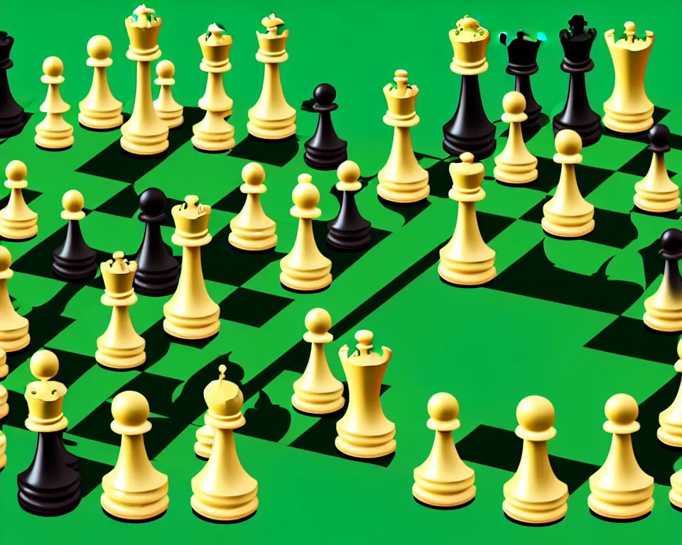 Image similar to a modern, ornate chess set on a green background. pop art.