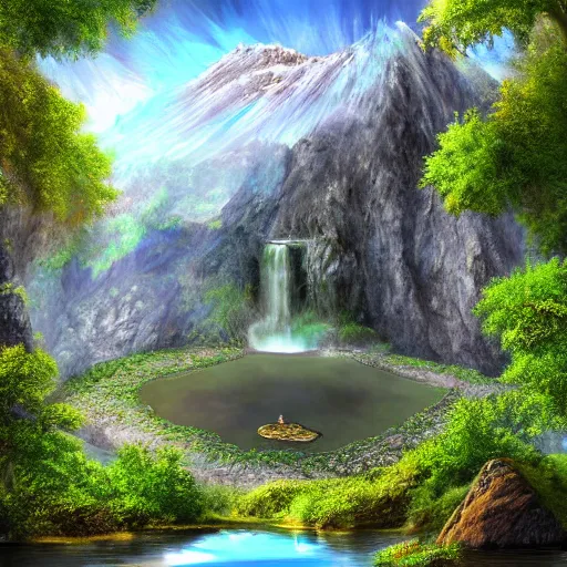 Image similar to photorealistic fantasy digital art depicting a very - distant aerial view of : at the peak of the world's tallest mountain is a small pond. a waterfall is falling from the pond down to the base of the mountain into a lake. the waterfall is unbelievably tall, and the mountain is extremely steep and narrow. there is a city surrounding the lake.