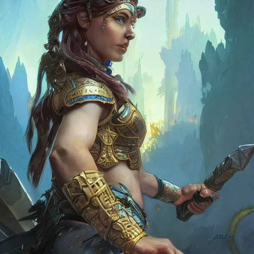 Image similar to Jeff Bezos as a female amazon warrior, closeup, D&D, fantasy, intricate, elegant, highly detailed, digital painting, artstation, concept art, matte, sharp focus, illustration, hearthstone, art by Artgerm and Greg Rutkowski and Alphonse Mucha