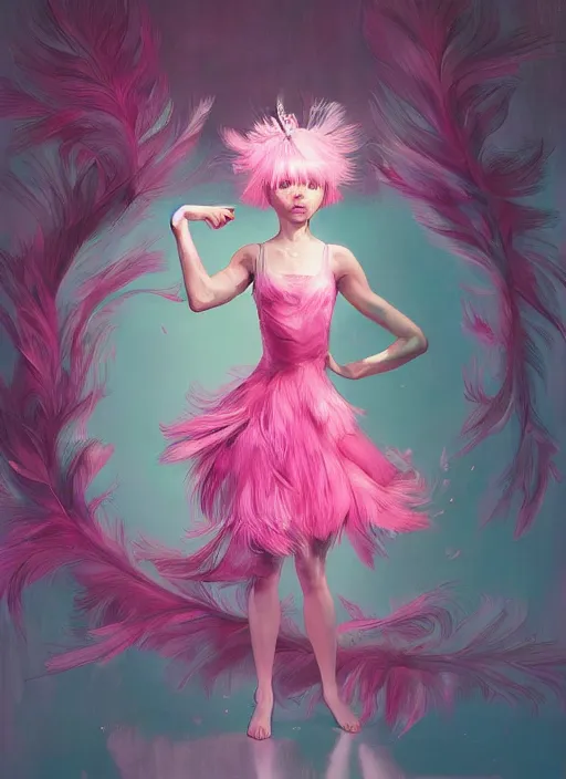 Image similar to beautiful little girl with an pink eccentric haircut wearing an dress made of feathers dancing on stage, artwork made by ilya kuvshinov, inspired in donato giancola, hd, ultra realistic, reflection, flowers, light, realistic face, bird, trending on pixiv, 8 k