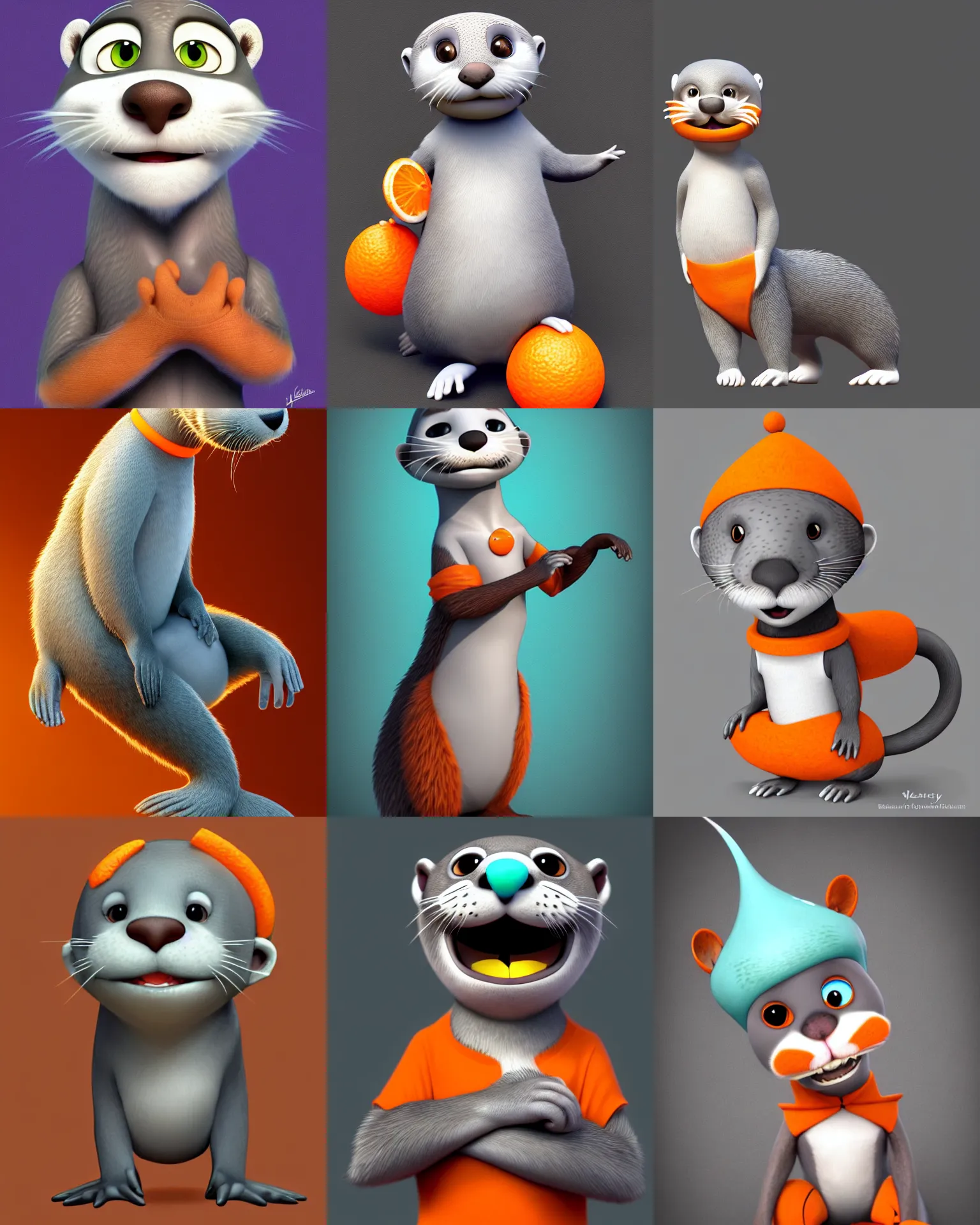 Prompt: male grey anthropomorphic grey otter with turquoise head hair and orange nose and white tummy, artstation, fantasy, pixar