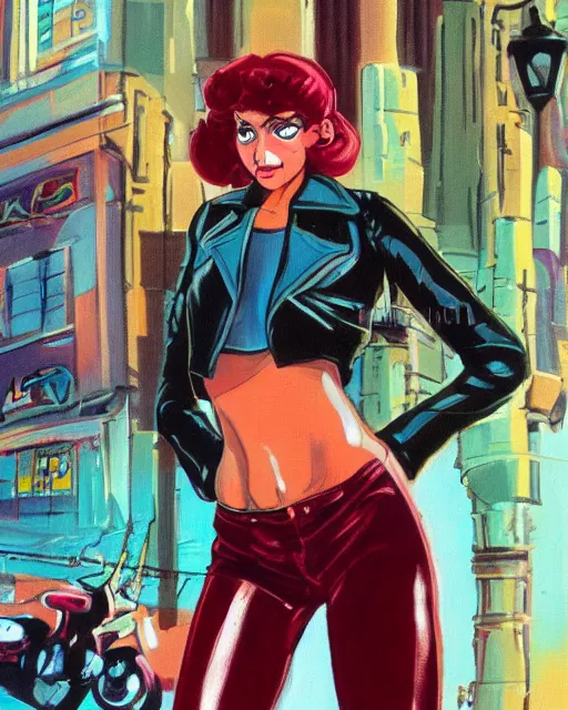 Image similar to young female protagonist in leather jacket, city street, artwork by ralph bakshi