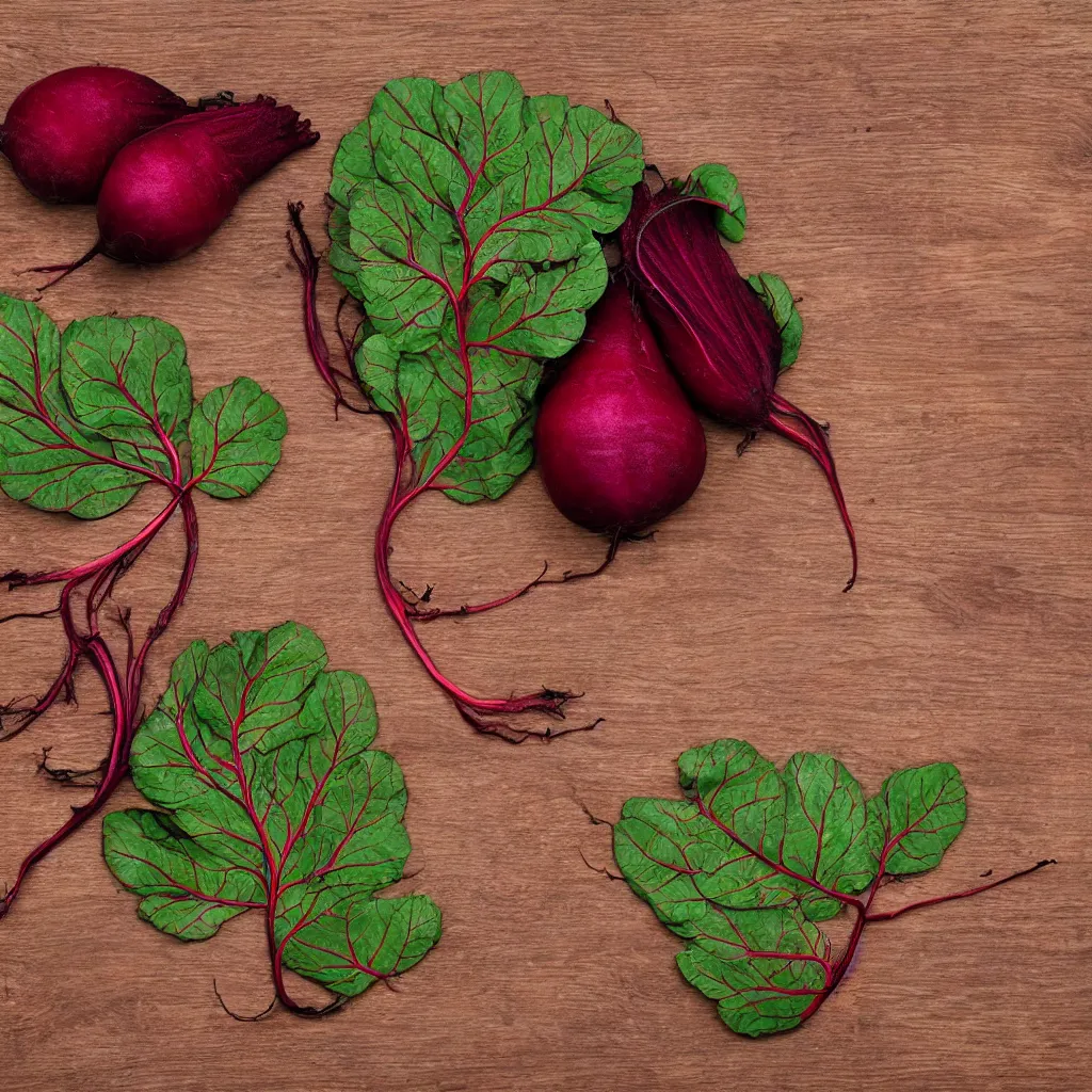 Image similar to embroidered beetroot with embroidered leaves and fractal roots, over vivid wood table, food photography. post - production : super detailed : masterpiece