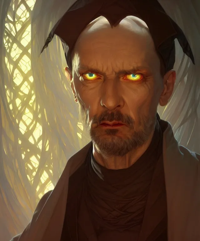 Image similar to an evil priest, portrait, intricate, elegant, highly detailed, digital painting, artstation, concept art, smooth, sharp focus, illustration, art by artgerm and greg rutkowski and alphonse mucha