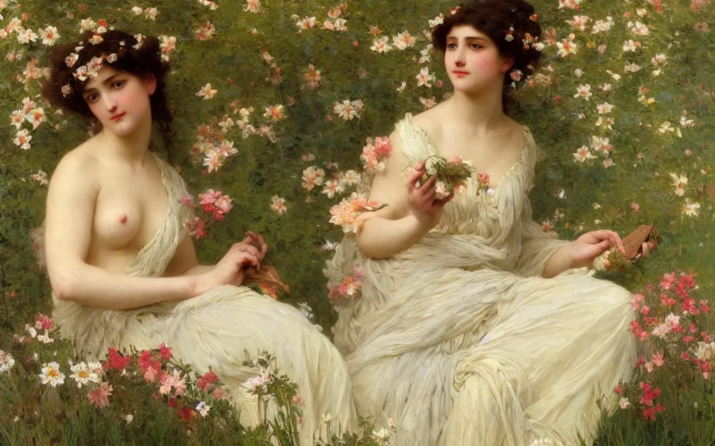 Prompt: attractive goddess of spring in a field of flowers wearing a feathered ball gown highly detailed painting by gaston bussiere and j. c. leyendecker and william adolphe bouguereau, musee d'orsay 3 d 8 k ultra detailed