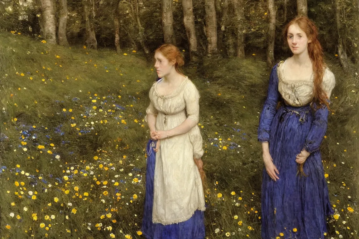 Prompt: John Everett Millais. Close up Shot illustrious pale rich beautiful Ophelia Hamlet horizontal flat in a very blue dark shallow stream with open mouth picking flowers. Stream flowing from left to right. She is in the lower third of the picture. Golden brown dress with vibrant details, light dark very long hair. Poppies, daisies, pansies. Fine brush strokes. Tall Trees, Woods.