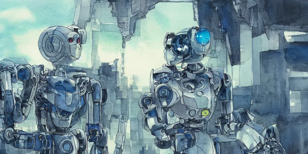 Image similar to watercolour painting of a broken robot repairing itself, anime, pencil lines, light watercolour, pale sky, beautiful artwork, anime screenshot, akihabara