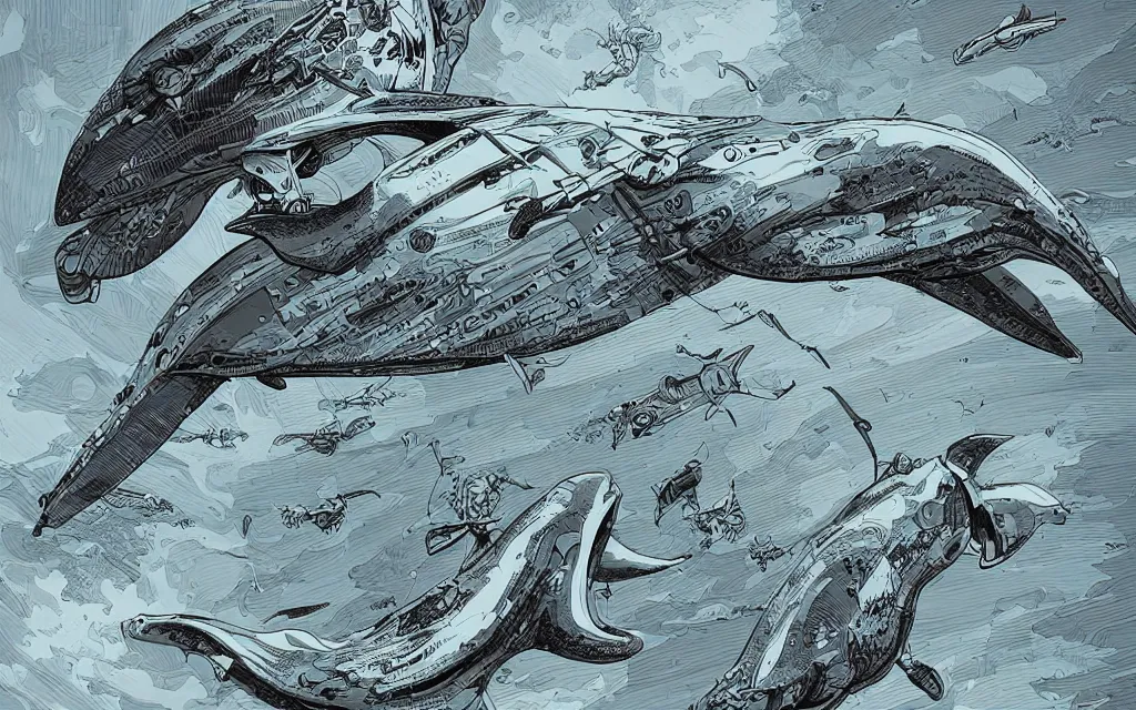 Prompt: biomechanical flying whale, in the style of james jean and laurie greasley, dynamic composition, dramatic lighting, hyperrealistic, ultra detailed, nitro colors