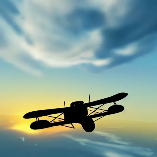 Image similar to the silhouette of a biplane flying through golden clouds at sunset, digital art, detailed, 4 k, artstation