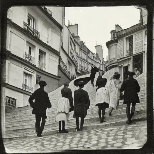 Image similar to 1 9 1 0, paris street scene, montmartre steps, photograph, style of atget, old, creepy