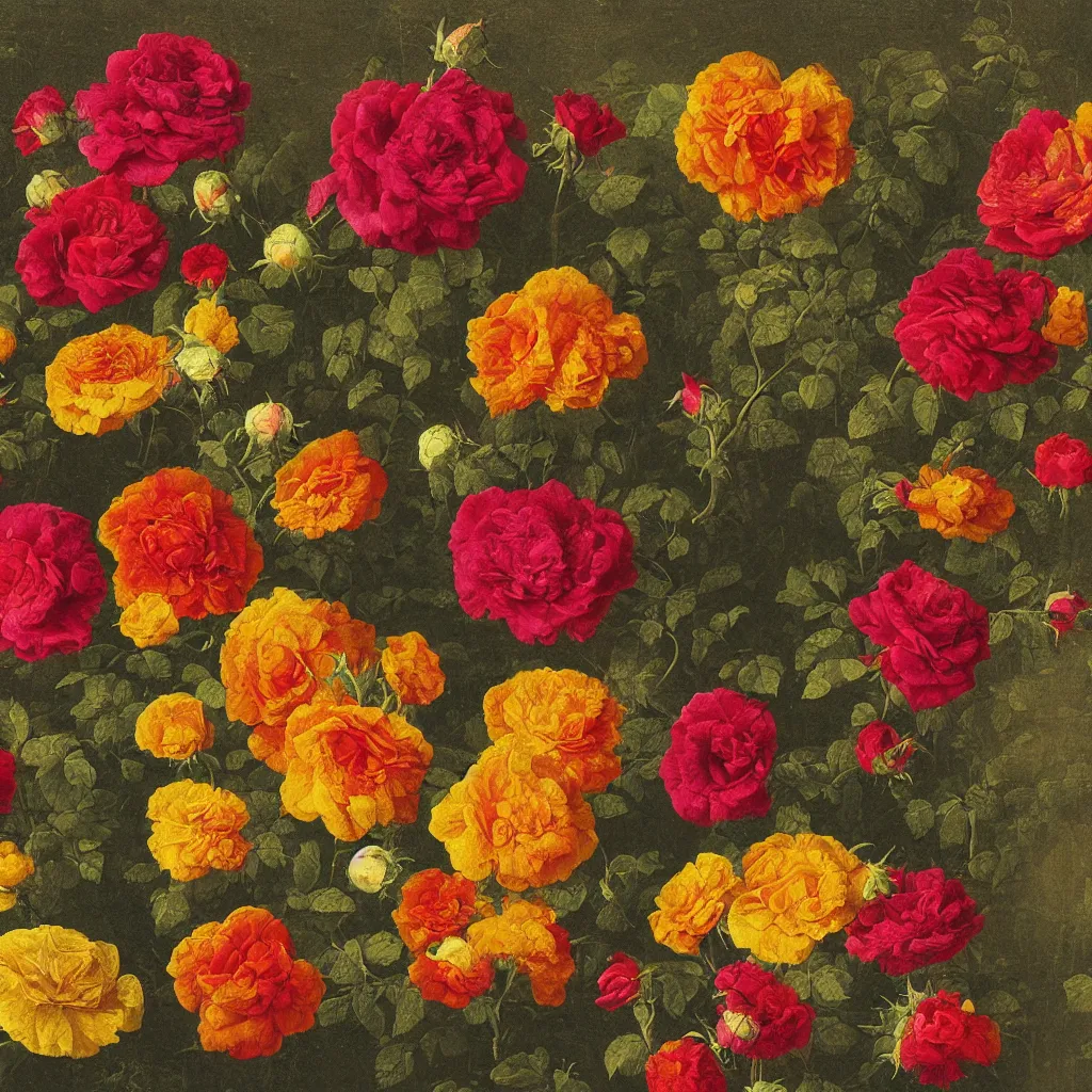 Prompt: a nosegay of roses and marigolds, glitch art, 1 6 9 5