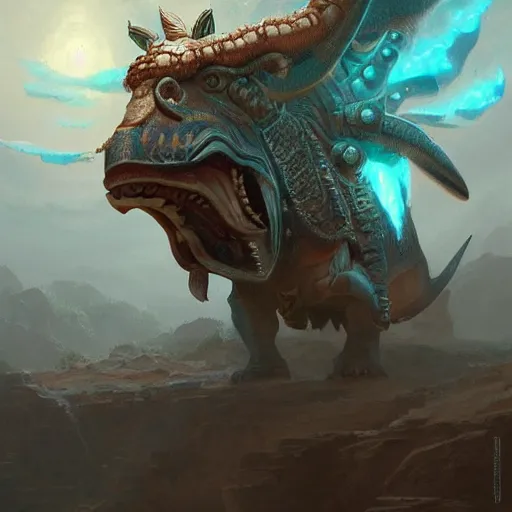 Image similar to triceratops with aztec headdress, greg rutkowski, digital illustration, concept art, dnd, face, fantasy, intricate, elegant, highly detailed, digital painting, artstation, full body, long shot, light from above