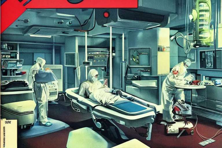 Prompt: 1979 OMNI Magazine Cover depicting an operating room in a commercial car garage. Cyberpunk Akira style by Vincent Di Fate