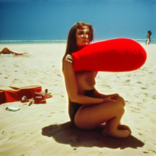 Image similar to A sad woman wearing an inflatable animal to the beach, 1980, color film expired film, aged photo, fellini almodovar john waters