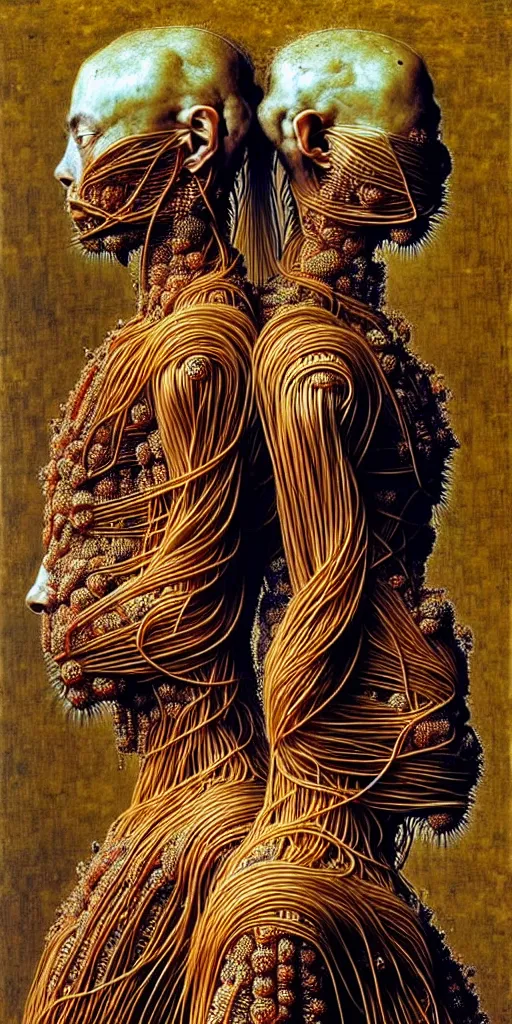 Image similar to siamese twins made of spaghetti, intricate armor made of spaghetti fractals, ancient warrior, samurai style, by giuseppe arcimboldo and ambrosius benson, renaissance, intricate and intense oil paint, a touch of beksinski, realistic