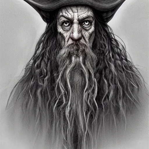 Image similar to surrealism grunge cartoon portrait sketch of Gandalf, by michael karcz, loony toons style, freddy krueger style, horror theme, detailed, elegant, intricate