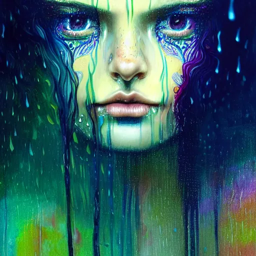 Image similar to face of girl in psychedelic LSD rain with wet hair and face, fantasy, intricate, elegant, dramatic lighting, intense emotion, highly detailed, lifelike, photorealistic, digital painting, artstation, concept art, smooth, sharp focus, illustration, art by John Collier and Albert Aublet and Krenz Cushart and Artem Demura and Alphonse Mucha