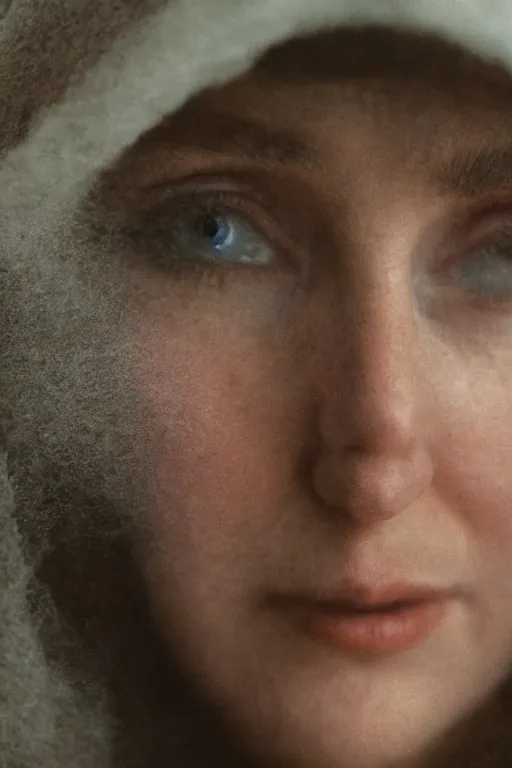 Prompt: extreme close up portrait of woman, russian cinema, tarkovsky, kodachrome, dense forest, long brown hair, cloth, heavy fog, hudson river school, 4 k, dramatic lighting
