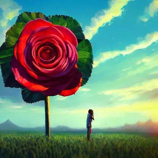 Image similar to closeup, giant rose flower head, frontal, girl in a suit, surreal photography, sunrise, blue sky, dramatic light, impressionist painting, digital painting, artstation, simon stalenhag