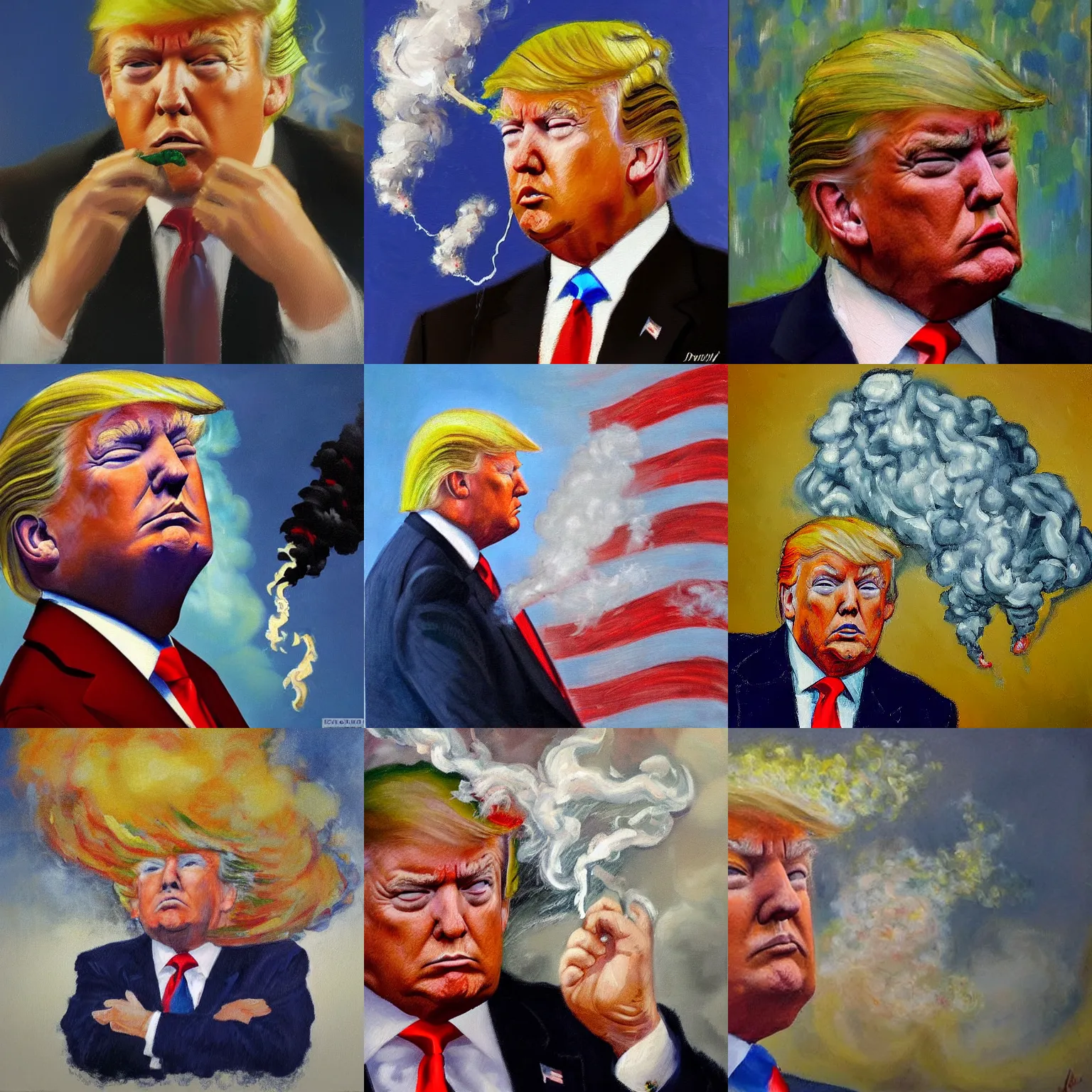 Prompt: An impressionist oil painting of Donald Trump thinking so hard that smoke is coming out of the head