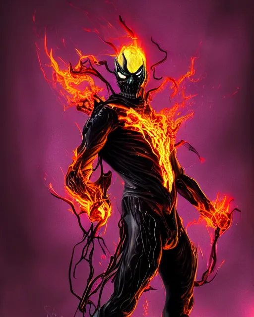 Image similar to ghost rider symbiote, purple and red variant, dynamic lighting, fantasy concept art, trending on art station, stunning visuals, creative, cinematic, ultra detailed, comic strip style