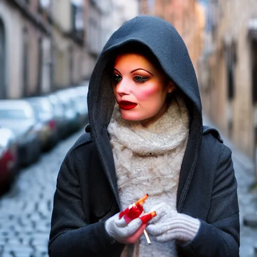 Prompt: A smirking woman in a dark coat lights a cigarette with an ornate gold lighter. She stands in a cobblestone street. The sky is a hazy gray, and her hair resembles a burnished halo. Her eyes are lined with blue kohl that glistens in the light, and her lips are painted red. A chill wind sweeps down the street.