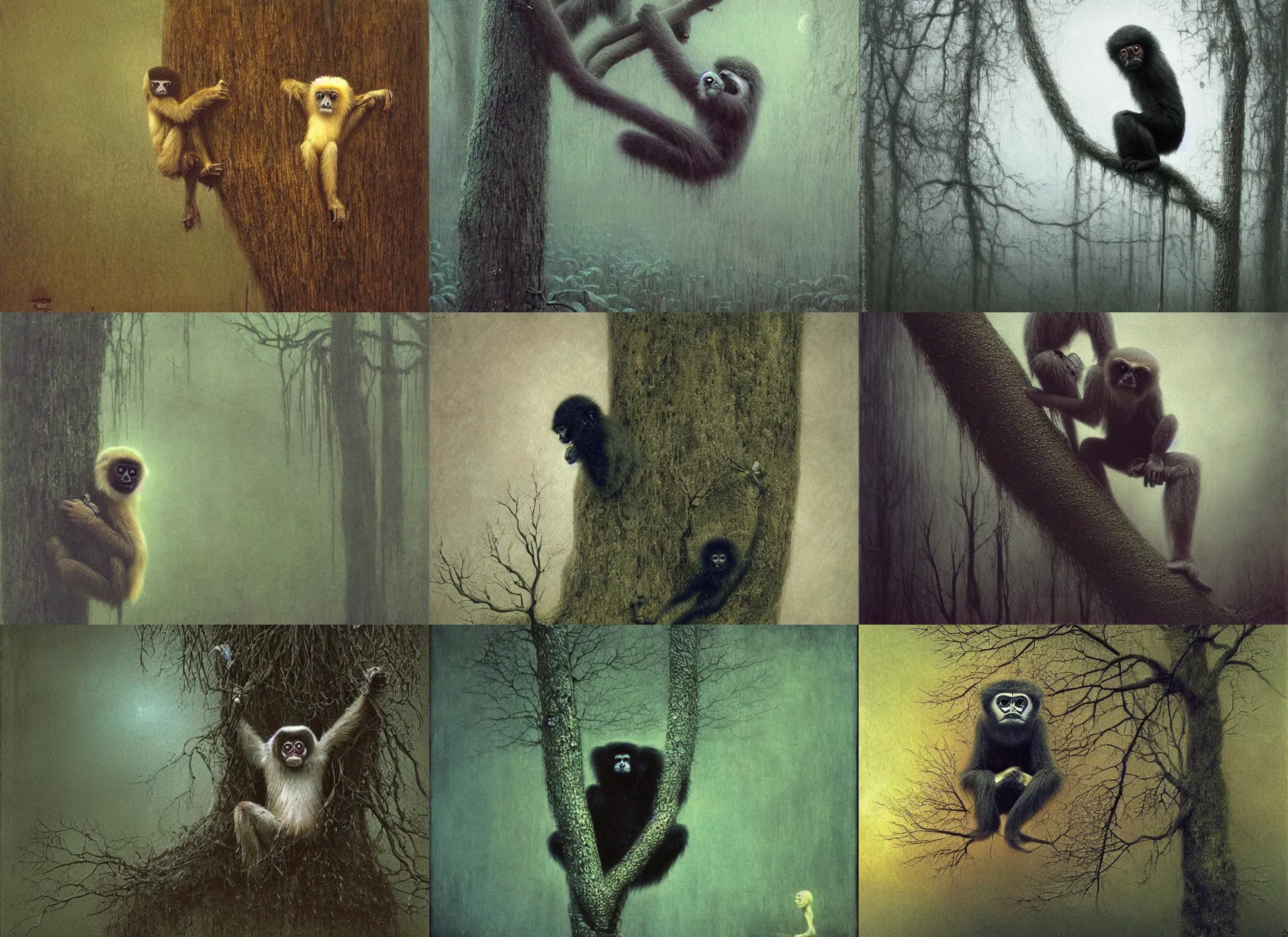 Prompt: cute gibbon in a tree. gloomy eerie photo, zdislaw beksinski, yoshitaka amano, creepy, horror, impressionist painting, pastel