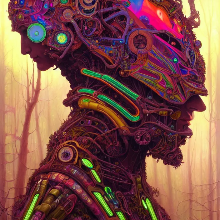 Image similar to bright psychedelic portrait of giant organic cyborg over an ancient forest, diffuse lighting, fantasy, intricate, elegant, highly detailed, lifelike, photorealistic, digital painting, artstation, illustration, concept art, smooth, sharp focus, art by John Collier and Albert Aublet and Krenz Cushart and Artem Demura and Alphonse Mucha