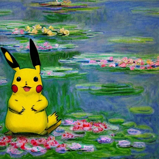 Image similar to pikachu laying relaxed near a lake surrounded by flowers, claude monet style, cloudy weather