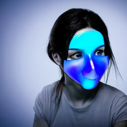 Image similar to a cyberpunk woman wearing a TV as a mask