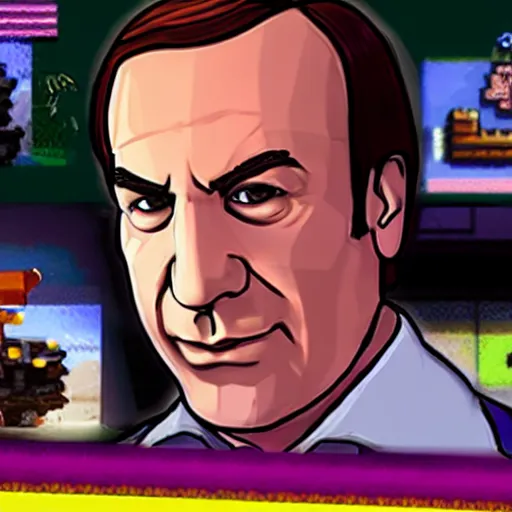 Image similar to saul goodman as a video game character