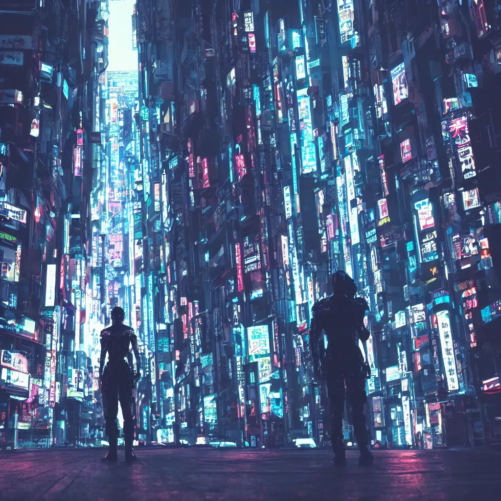 Image similar to cyberpunk android standing in a dark alley looking out to the city in future tokyo at night