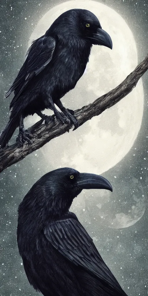 Image similar to close up portrait, crow in front of the full big moon, fantasy digital art, high definition, 8k, high details, high quality, golden and silver colors